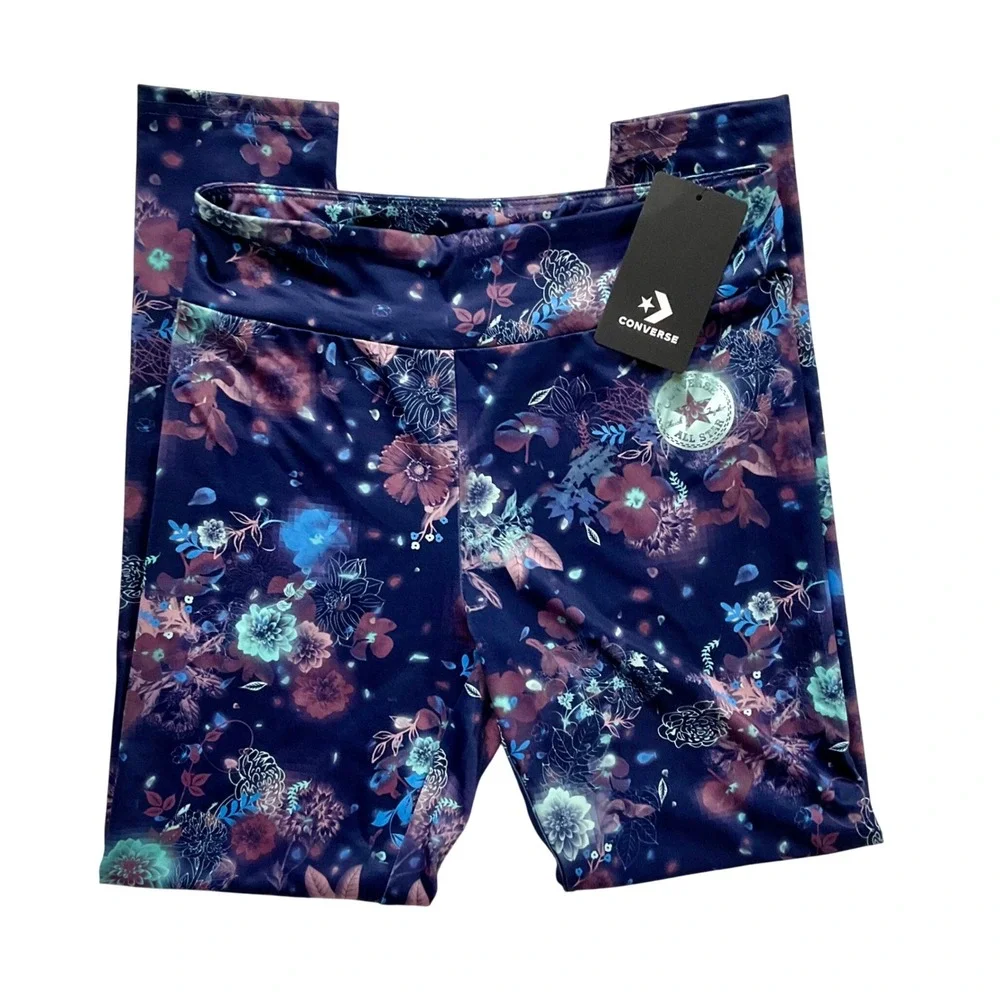 Converse All Star Kids Floral‎ Leggings Navy Blue Purple Teal Girls Large 12-13Y
